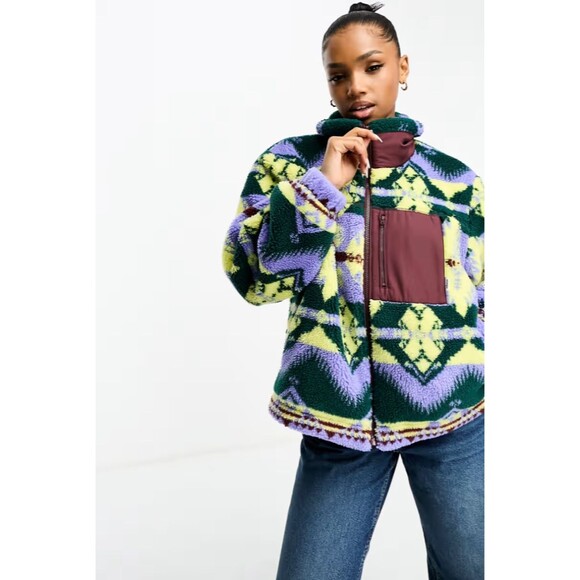 Wrangler Womens Sherpa Jacket Southwestern Print Full Zip Fleece Purple Yellow - Picture 4 of 16